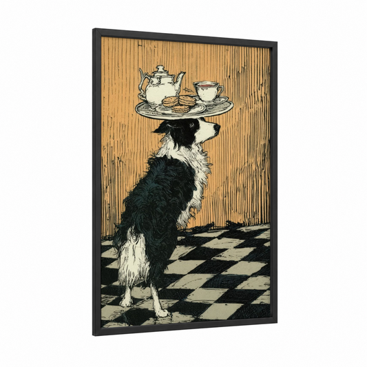 Teatime Collie framed shepherd dogs and collies print — black wood frame — black and white and cream palette