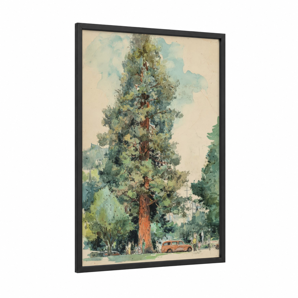 Majestic Redwood framed redwood tree print — black wood frame — light green and russet palette