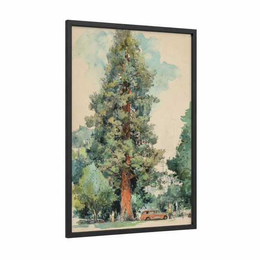 Majestic Redwood framed redwood tree print — black wood frame — light green and russet palette