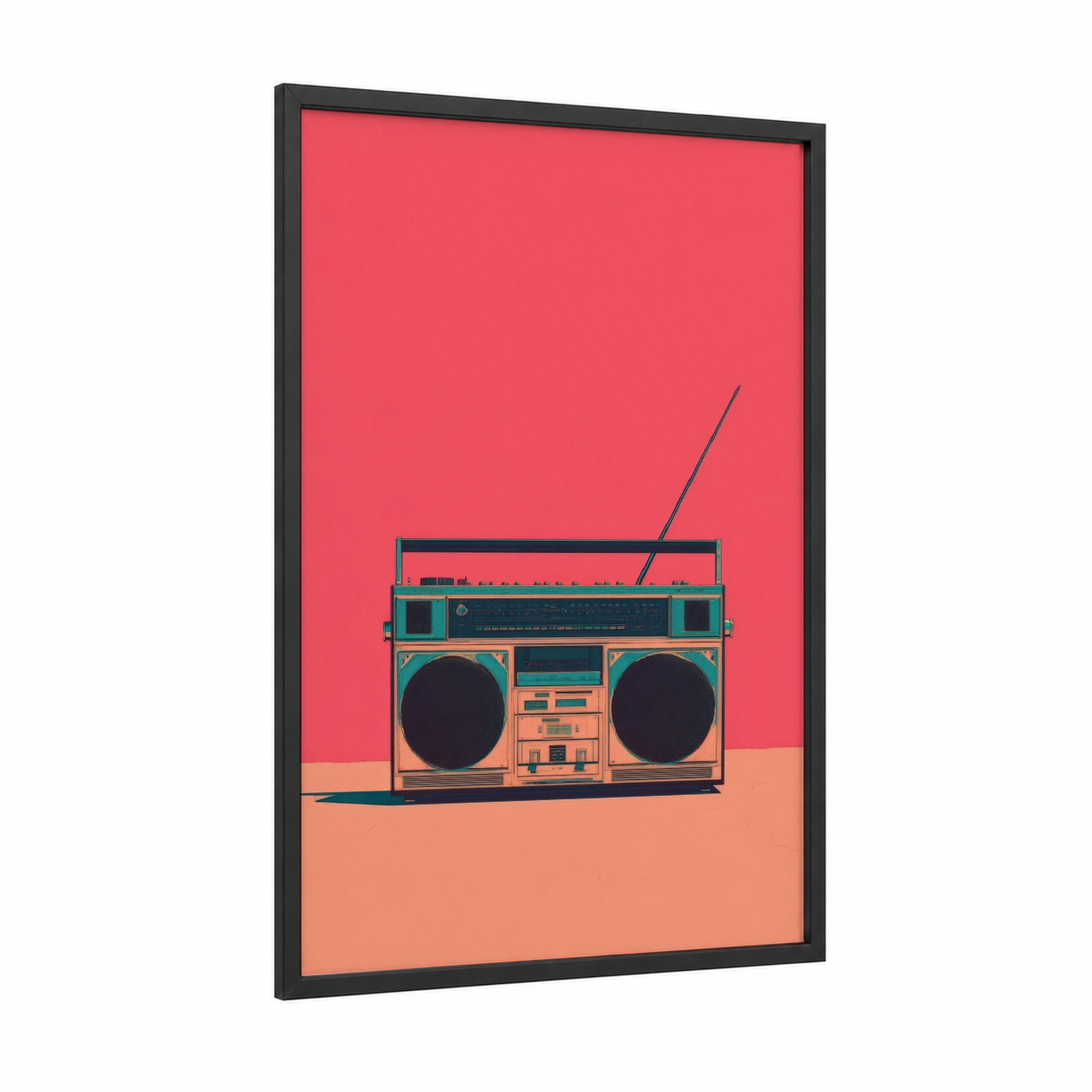Retro Boombox framed art print — black wood frame — salmon pink and turquoise palette