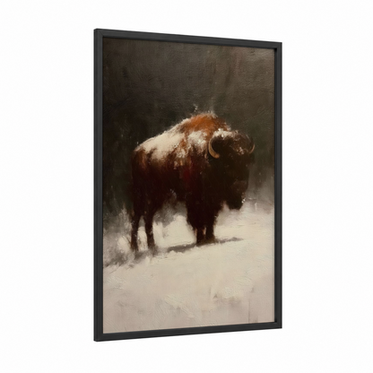 Snowy Bison framed art print — black wood frame — brown and cream palette