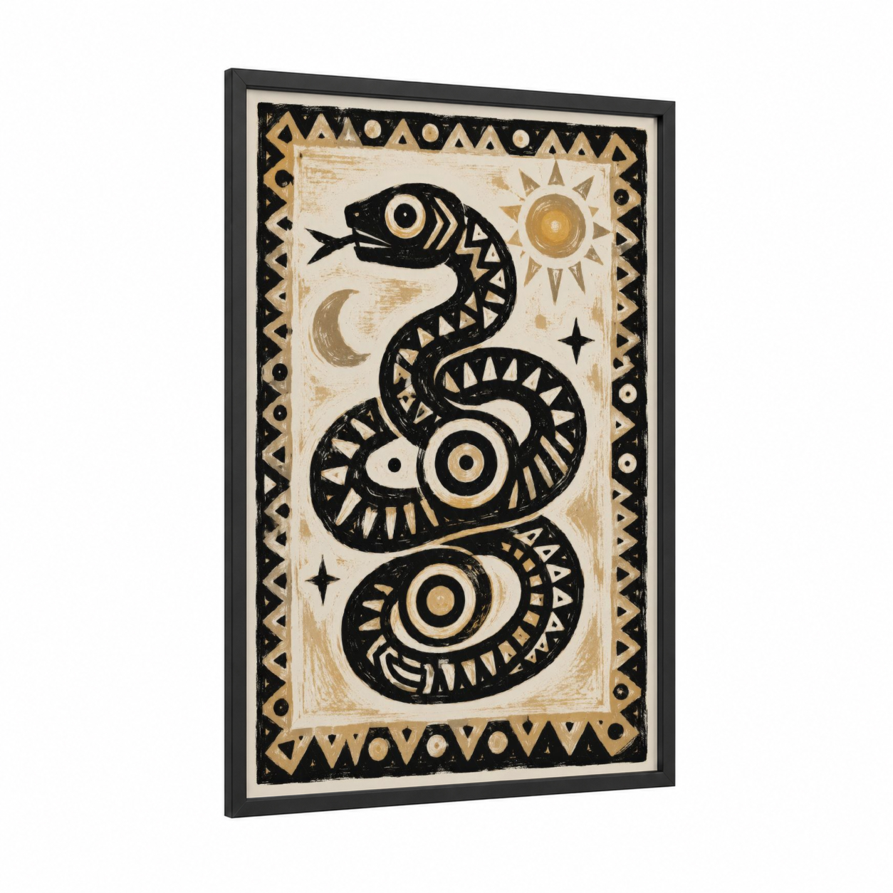 Geometric Snake With Sun Wall Art framed art print — black wood frame — black and white and champagne gold palette
