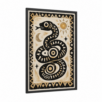 Geometric Snake With Sun Wall Art framed art print — black wood frame — black and white and champagne gold palette