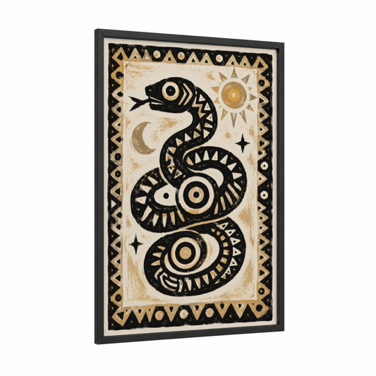 Geometric Snake With Sun Wall Art framed art print — black wood frame — black and white and champagne gold palette