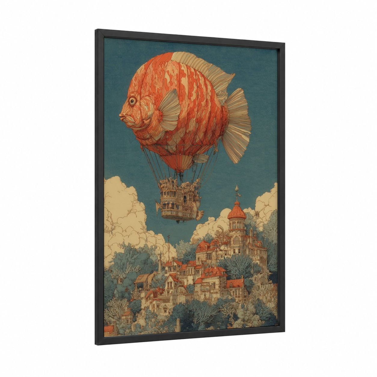 Crimson Fish Airship framed discus fish print — black wood frame — cream and russet palette