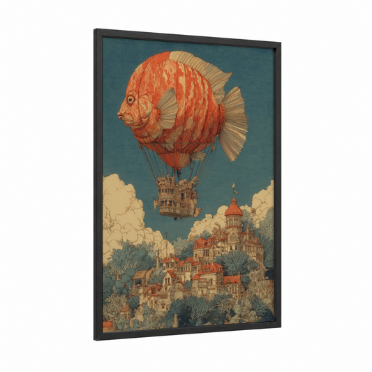 Crimson Fish Airship framed discus fish print — black wood frame — cream and russet palette