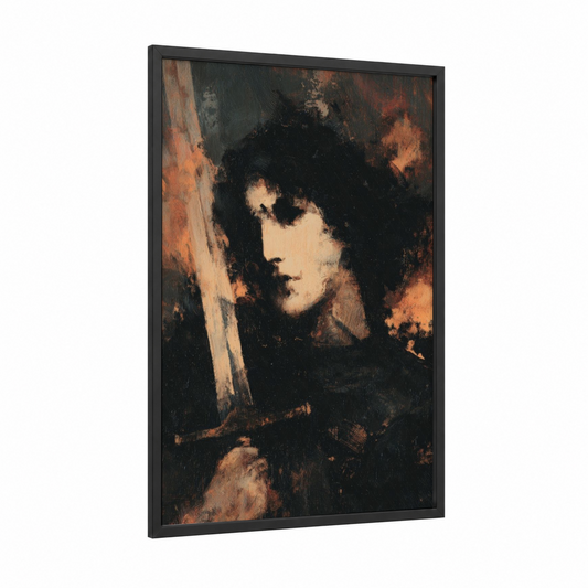 Contemplative Joan framed joan of arc print — black wood frame — black and peach palette