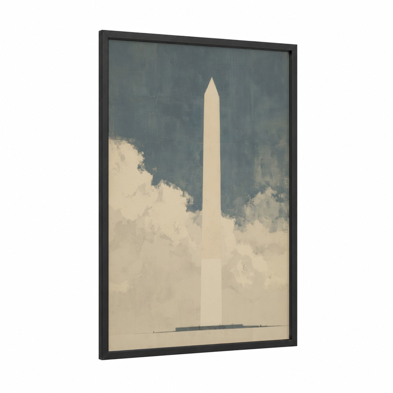 Monumental Clouds framed washington monument print — black wood frame — cream and dove gray palette