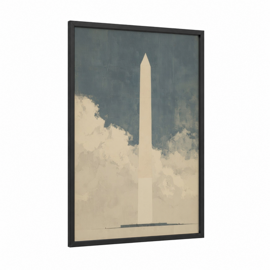 Monumental Clouds framed washington monument print — black wood frame — cream and dove gray palette