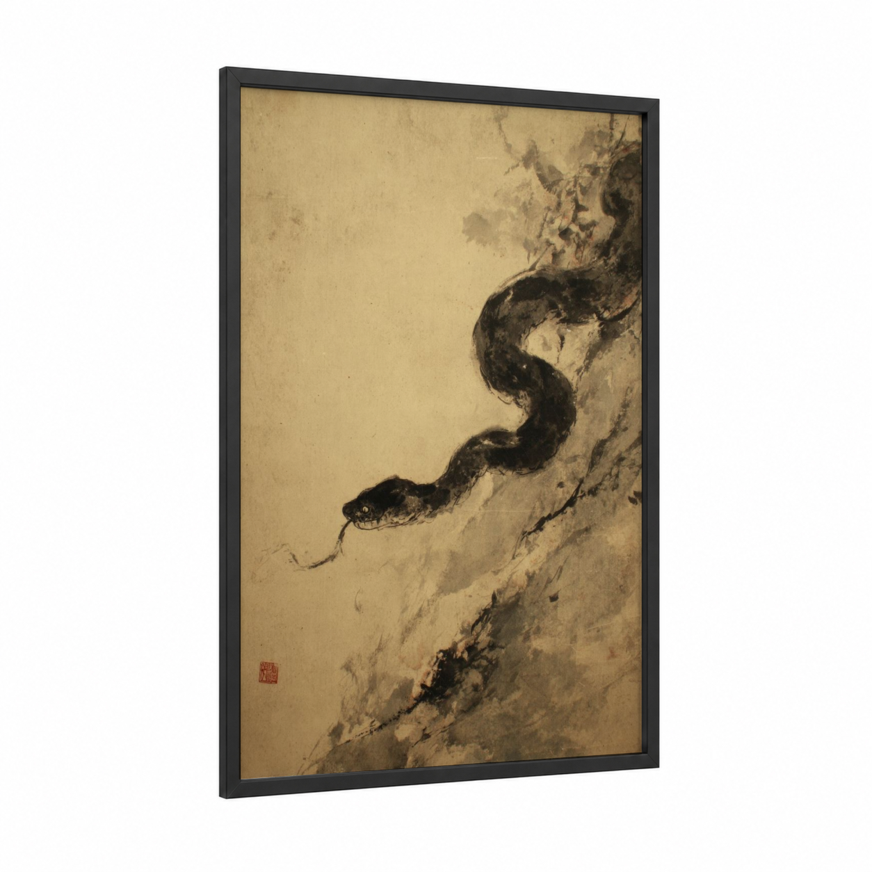 Coiled Rattlesnake framed art print — black wood frame — black and white and beige palette