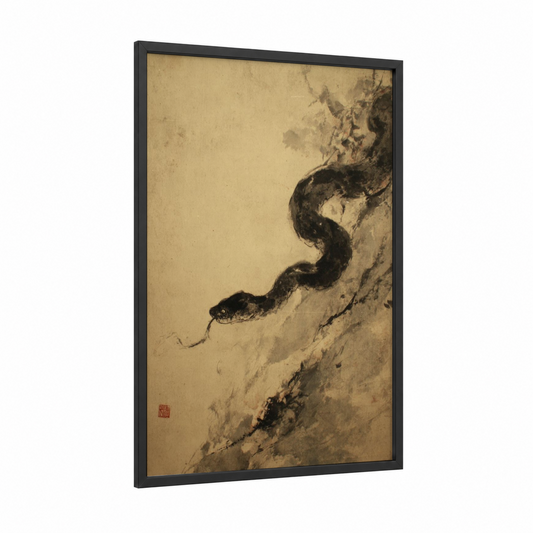 Coiled Rattlesnake framed art print — black wood frame — black and white and beige palette