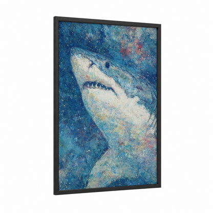 Cosmic Shark framed great white shark print — black wood frame — blue and white palette