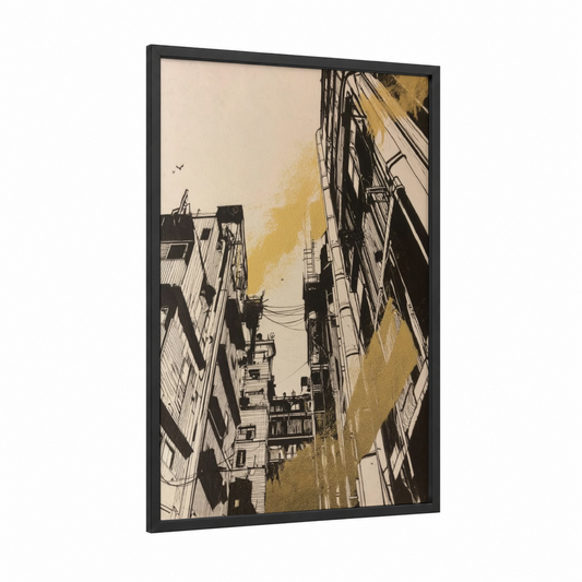 Urban Perspective framed abstract architecture print — black wood frame — gold and black and white palette