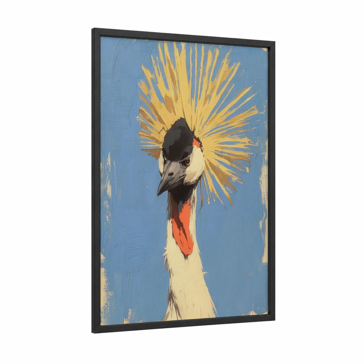 Golden Crowned Crane framed art print — black wood frame — blue and yellow gold palette