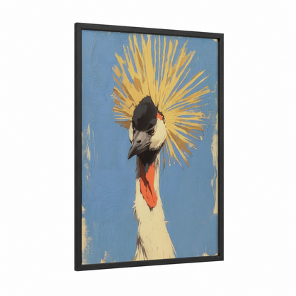 Golden Crowned Crane framed art print — black wood frame — blue and yellow gold palette
