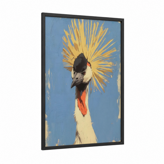 Golden Crowned Crane framed art print — black wood frame — blue and yellow gold palette