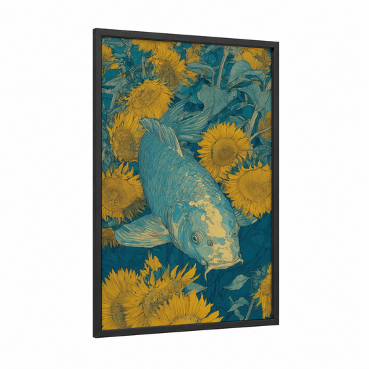 Golden Koi Garden framed koi fish print — black wood frame — gold and teal palette