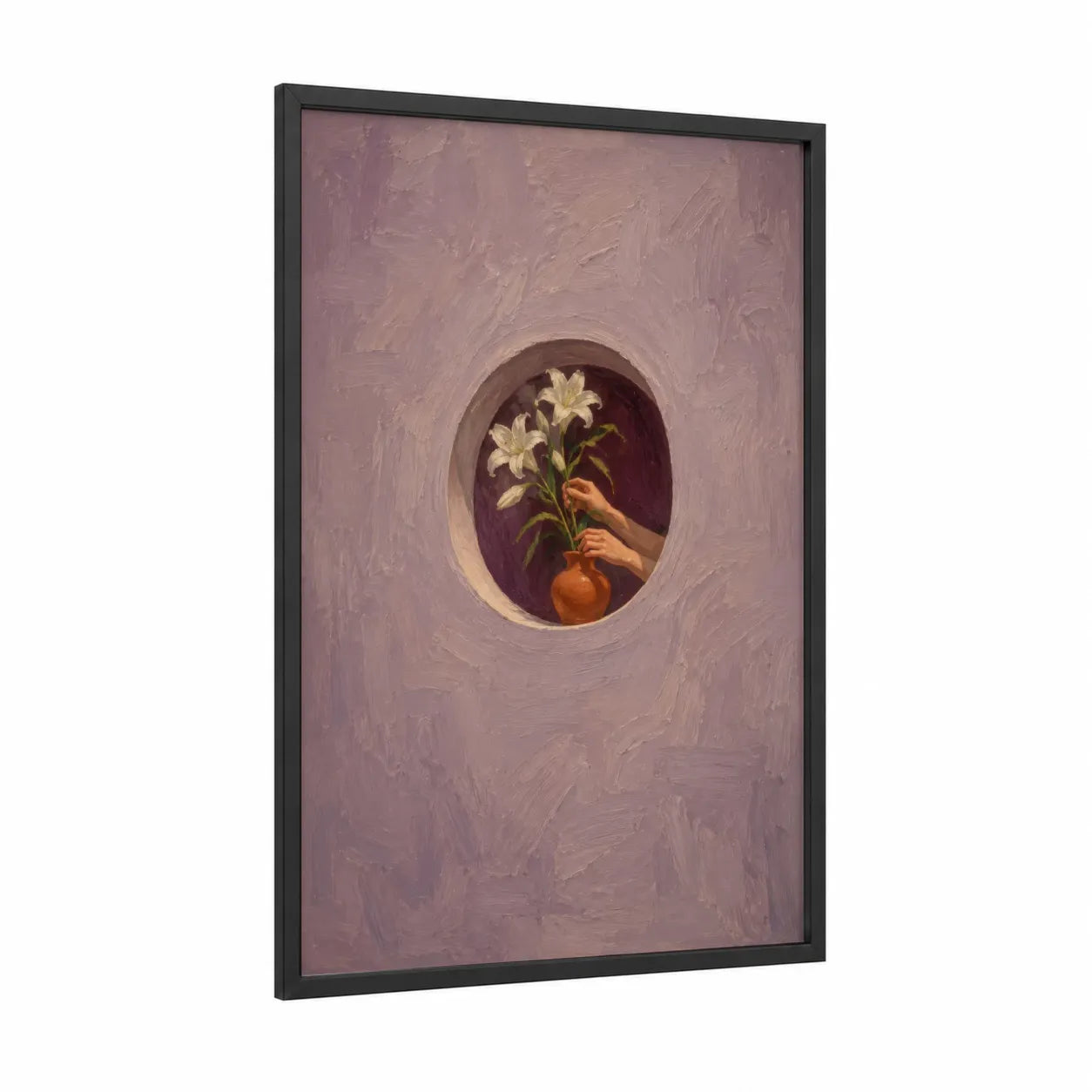 White Lily Window Niche Wall Art framed art print — black wood frame — lavender and peach palette