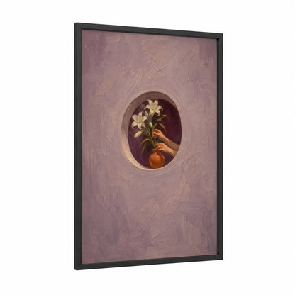 White Lily Window Niche Wall Art framed art print — black wood frame — lavender and peach palette