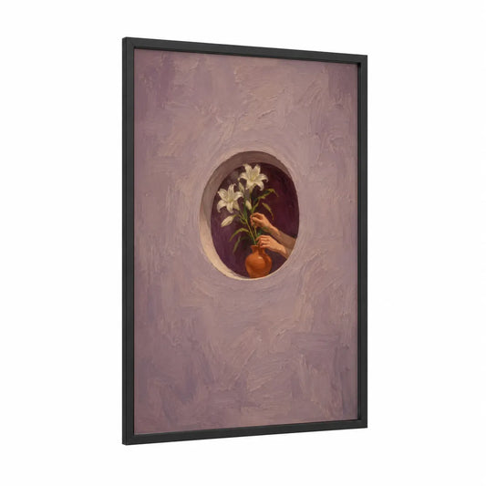 White Lily Window Niche Wall Art framed art print — black wood frame — lavender and peach palette