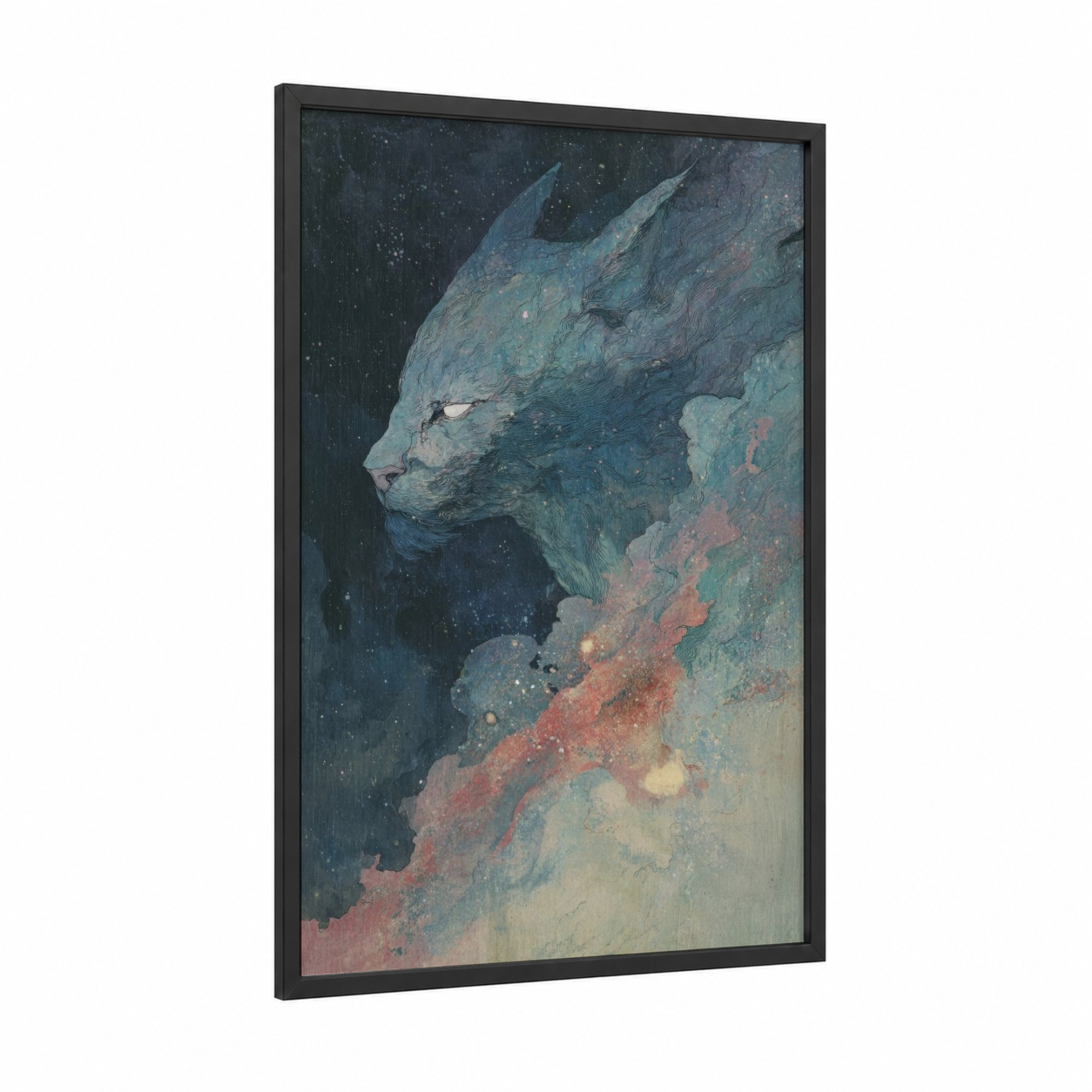Cosmic Sphinx framed art print — black wood frame — teal and salmon pink palette