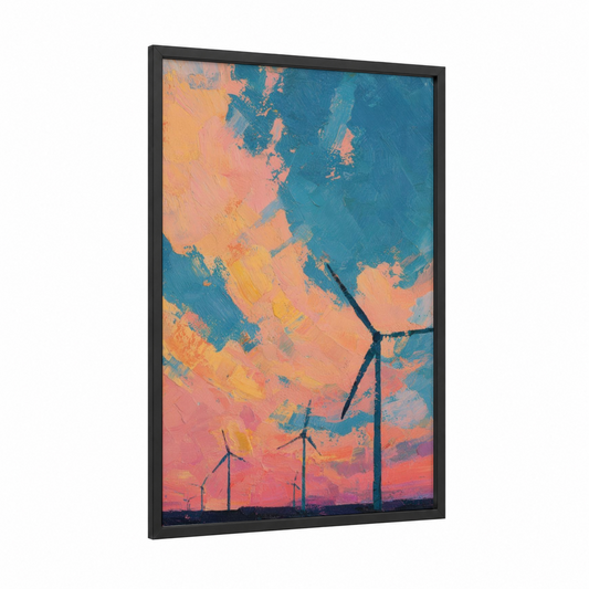 Sunset Wind Farm framed wind turbine print — black wood frame — blue and gold and salmon pink palette