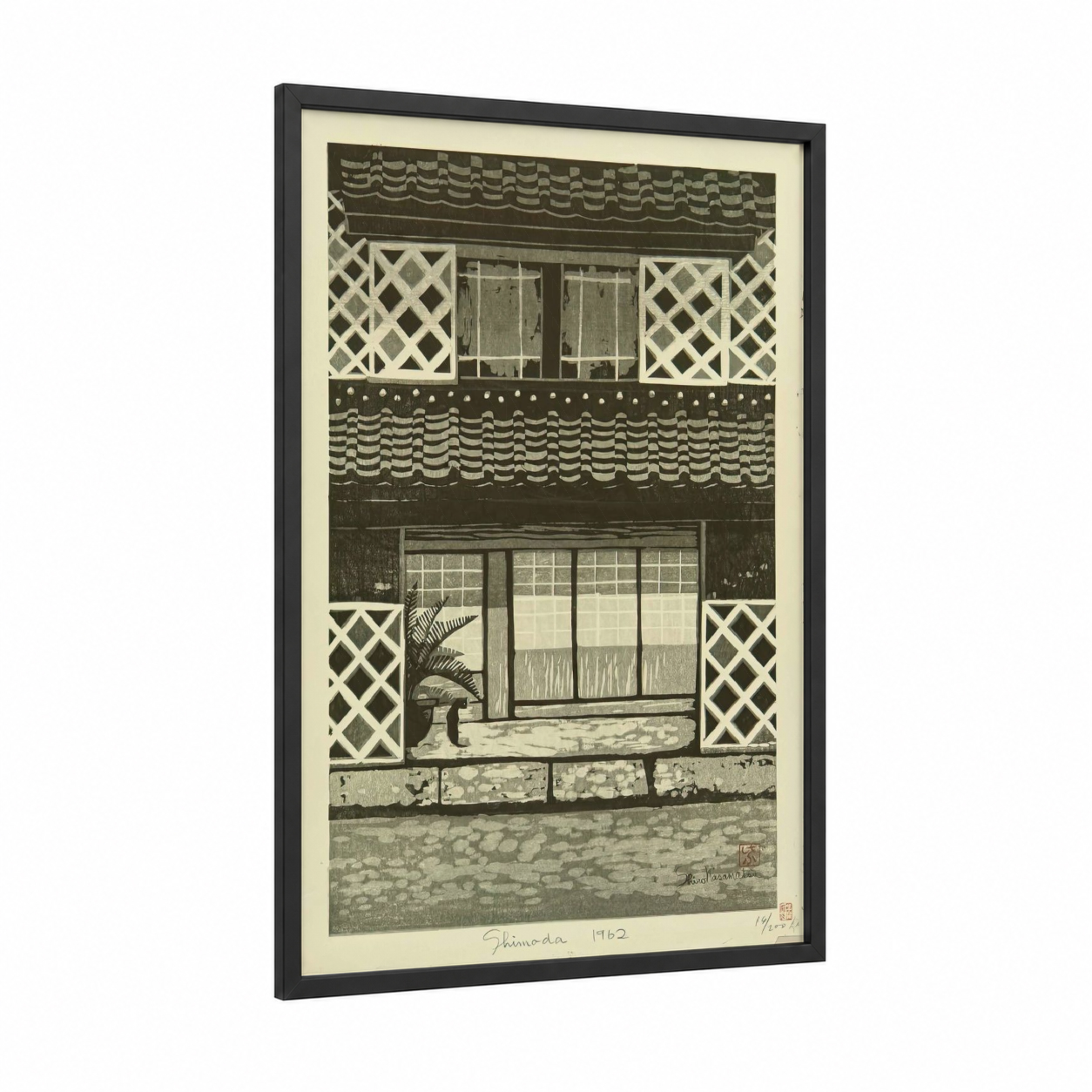Traditional Japanese Storefront framed window print — black wood frame — black and white and gray palette