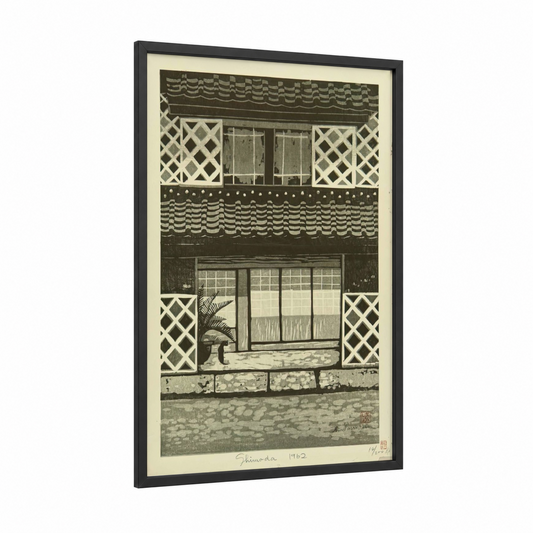 Traditional Japanese Storefront framed window print — black wood frame — black and white and gray palette