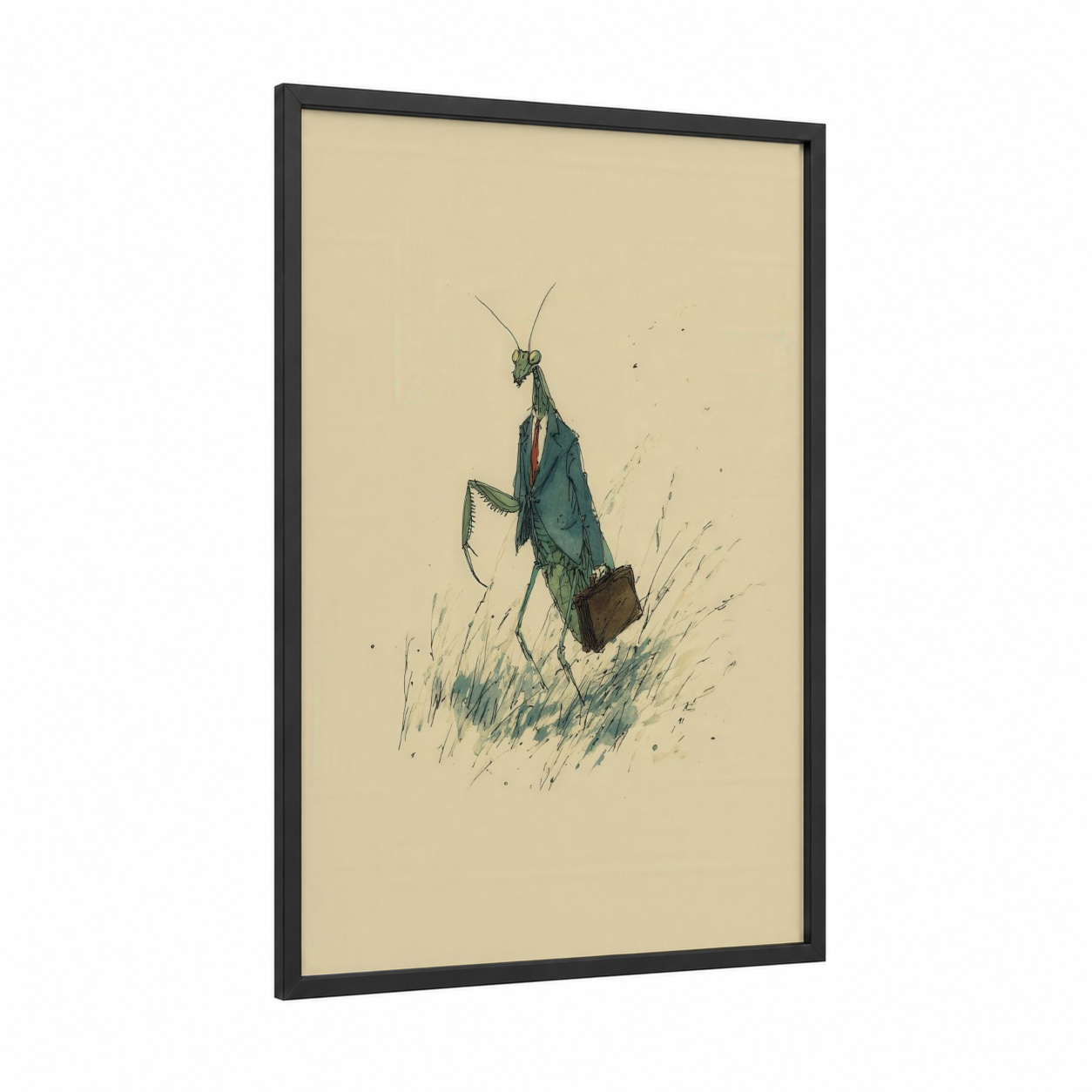 Businesslike Mantis framed prayin mantis print — black wood frame — sage green and cream palette