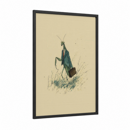 Businesslike Mantis framed prayin mantis print — black wood frame — sage green and cream palette