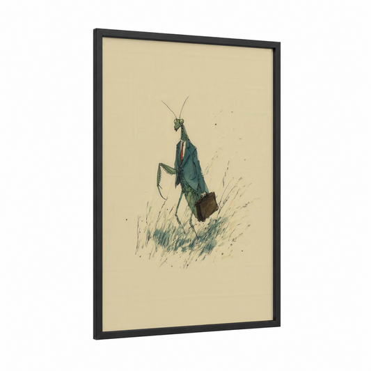 Businesslike Mantis framed prayin mantis print — black wood frame — sage green and cream palette