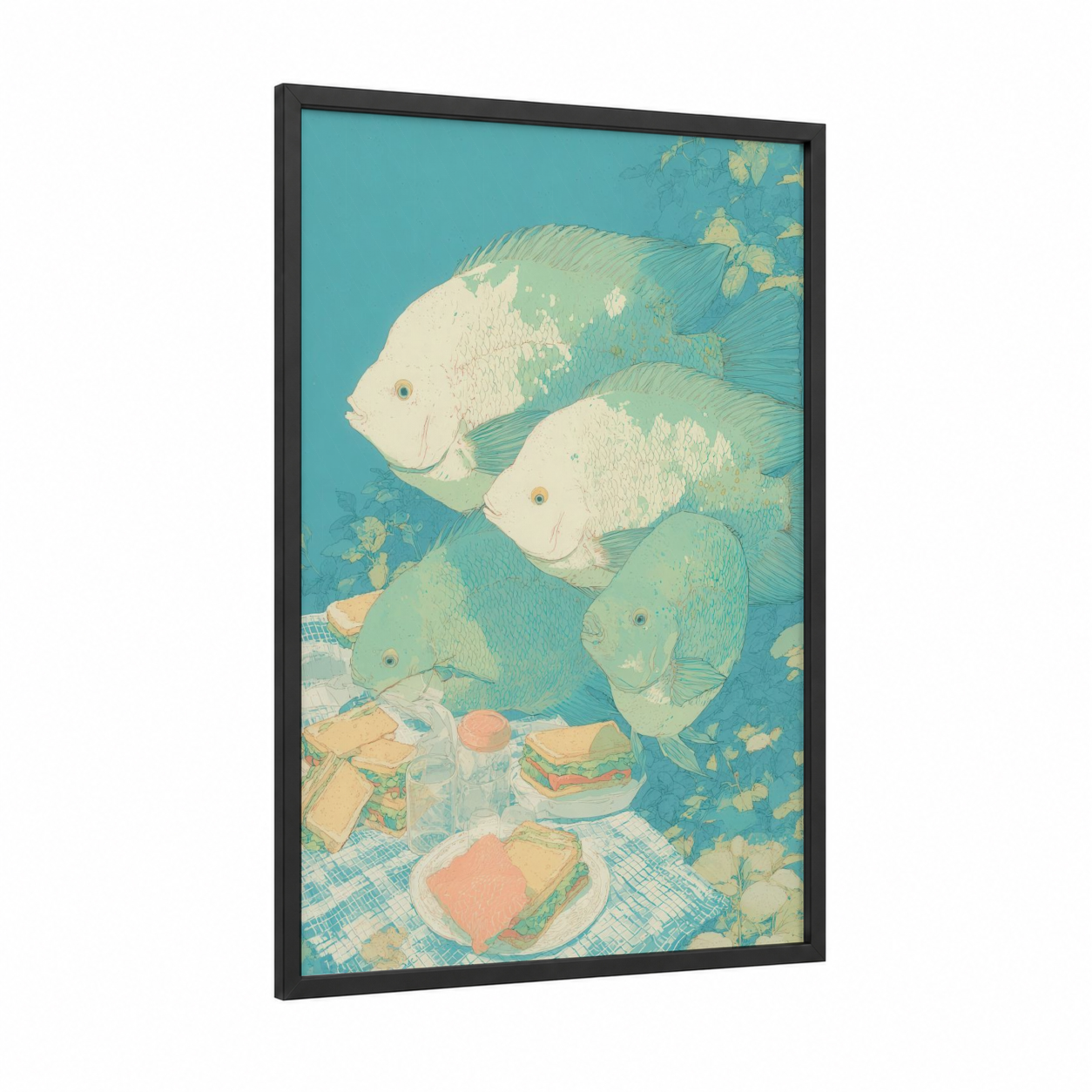 Picnic Discus Fish framed art print — black wood frame — aquamarine and cream palette