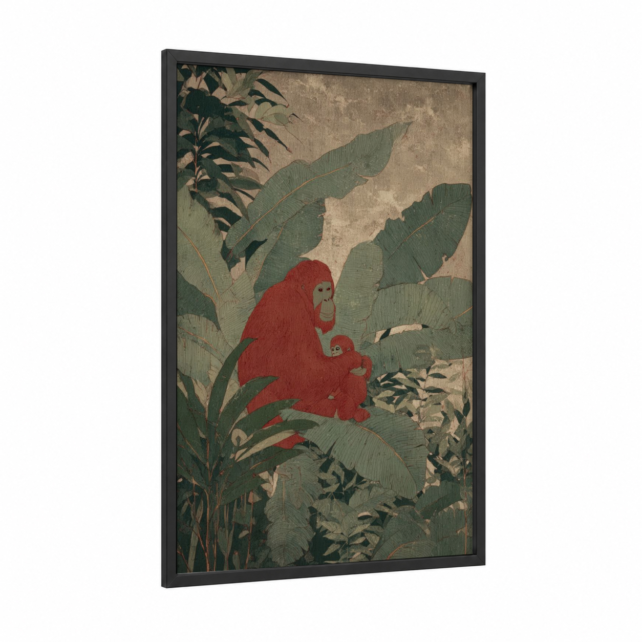 Crimson Orangutan framed art print — black wood frame — red and sage green palette