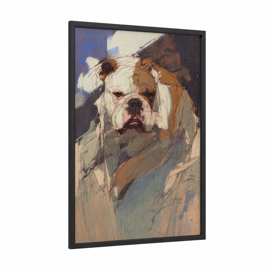 Sketched Bulldog framed art print — black wood frame — blue and russet palette