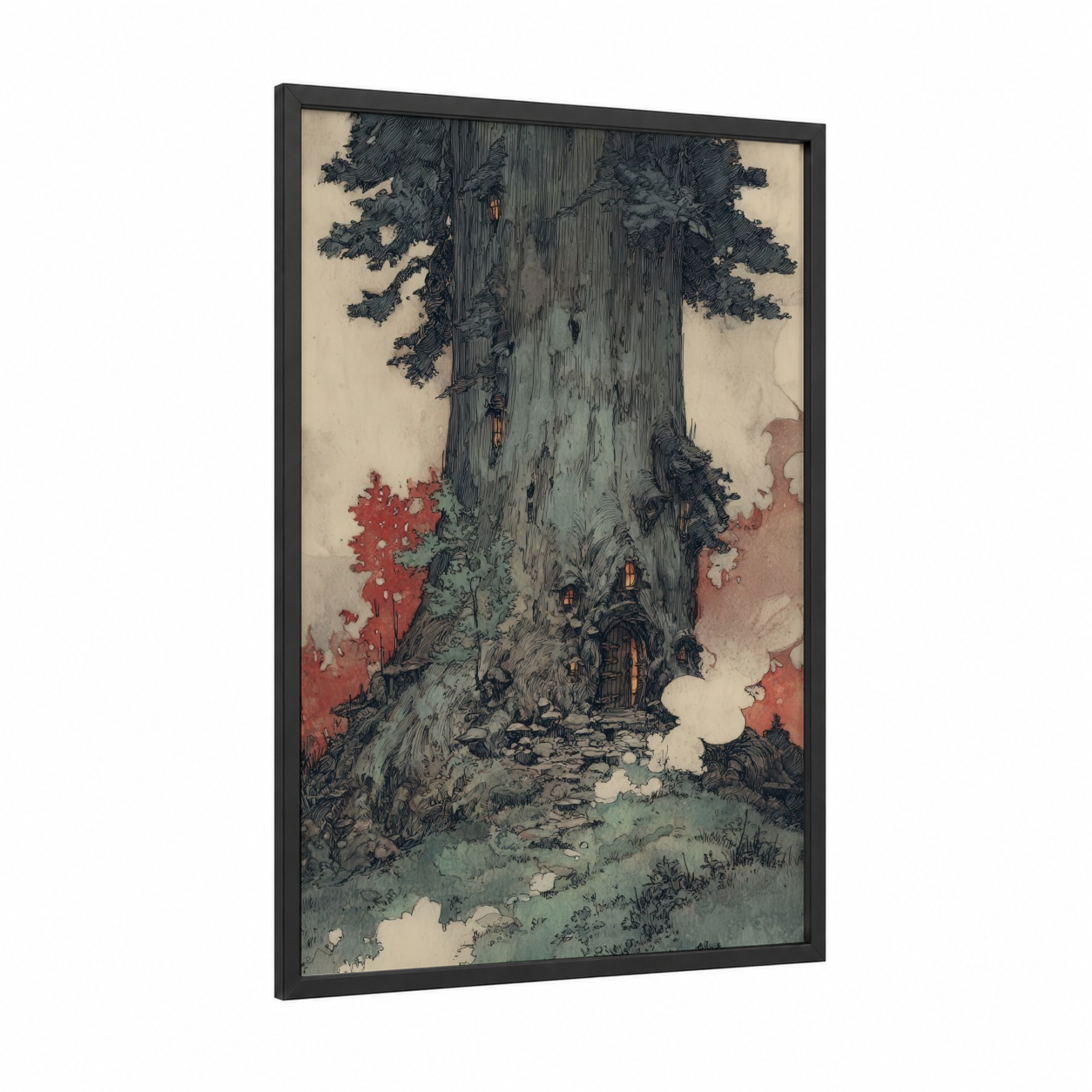 Enchanted Redwood framed redwood tree print — black wood frame — dark green and russet palette