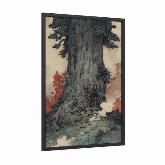 Enchanted Redwood framed redwood tree print — black wood frame — dark green and russet palette