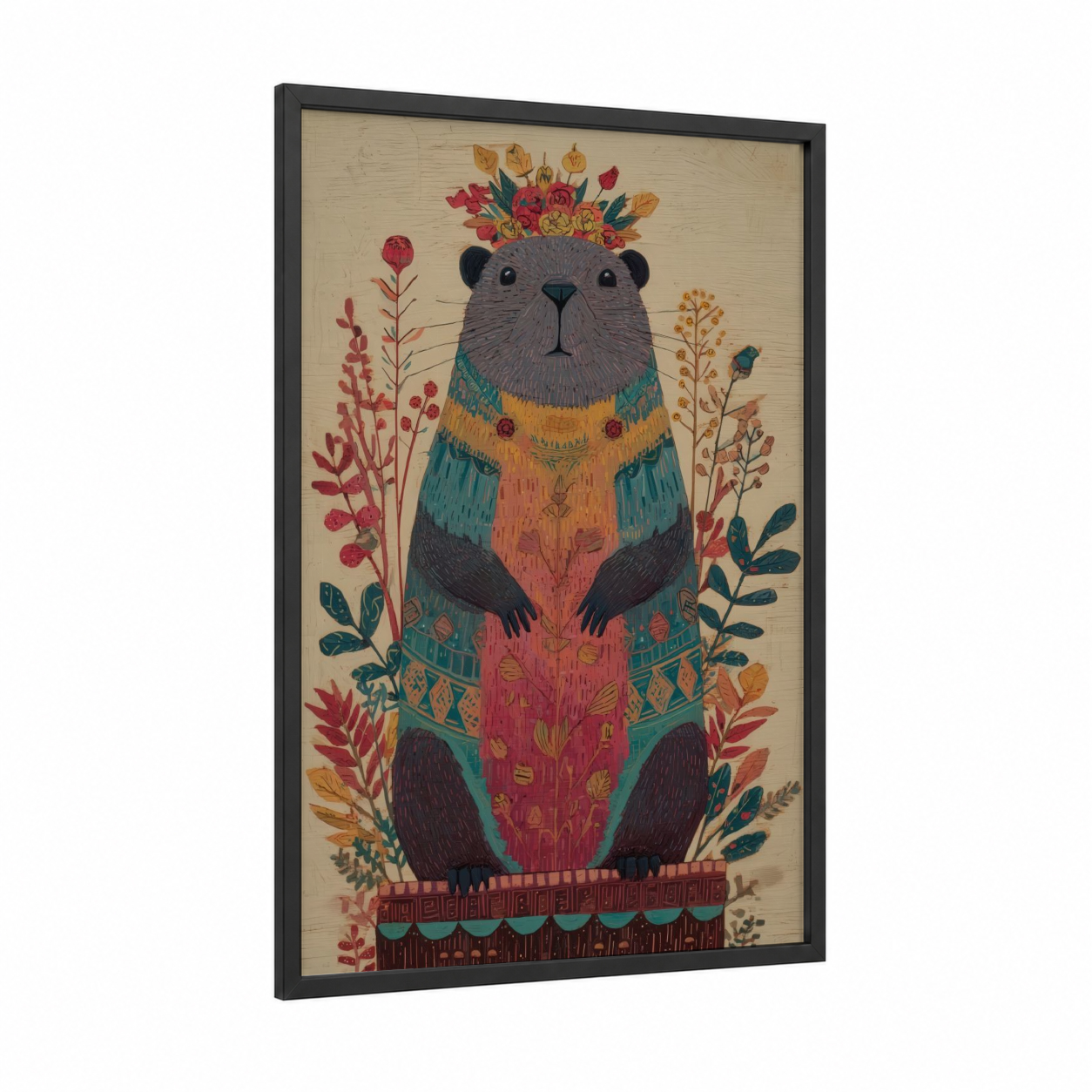 Boho Beaver Crown framed art print — black wood frame — russet and teal palette