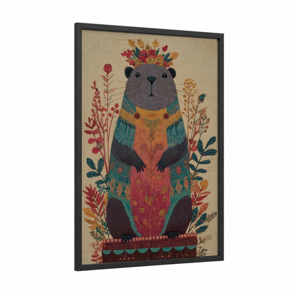 Boho Beaver Crown framed art print — black wood frame — russet and teal palette