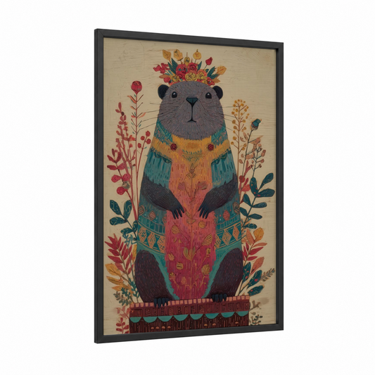 Boho Beaver Crown framed art print — black wood frame — russet and teal palette