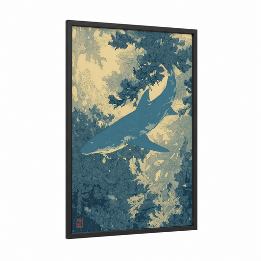 Azure Shark Glide framed blue shark print — black wood frame — teal and cream palette