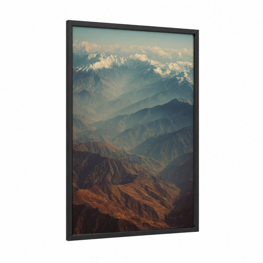 Alpine Majesty framed himalayas print — black wood frame — cream and blue and gray palette