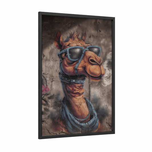 Cool Camel framed art print — black wood frame — gray palette