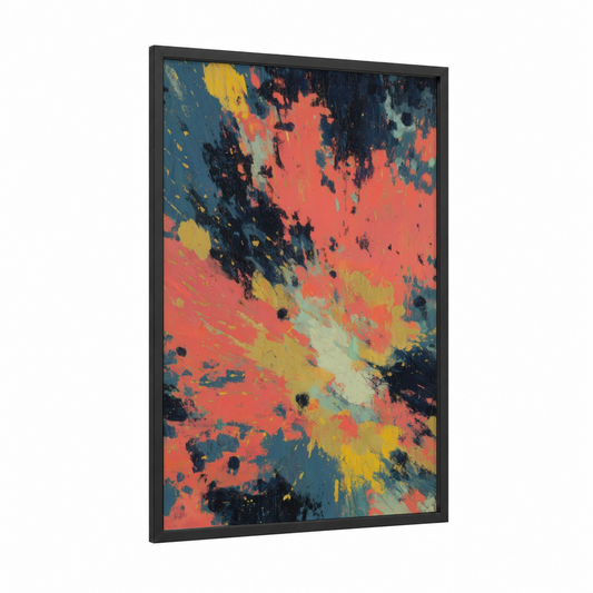 Cosmic Explosion framed space print — black wood frame — red and yellow gold palette