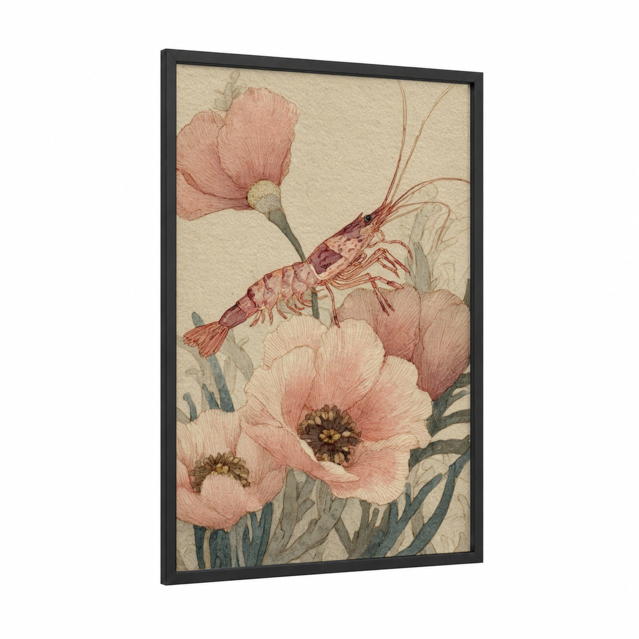 Blooming Shrimp framed art print — black wood frame — salmon pink and sage green palette