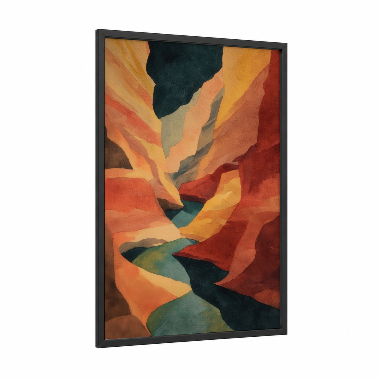 Crimson Canyon framed art print — black wood frame — red and gold palette