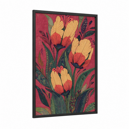 Crimson Tulip Bouquet framed art print — black wood frame — magenta and gold and pink palette