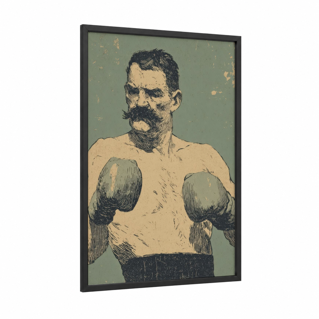 Vintage Boxer framed boxing print — black wood frame — sage green and cream palette