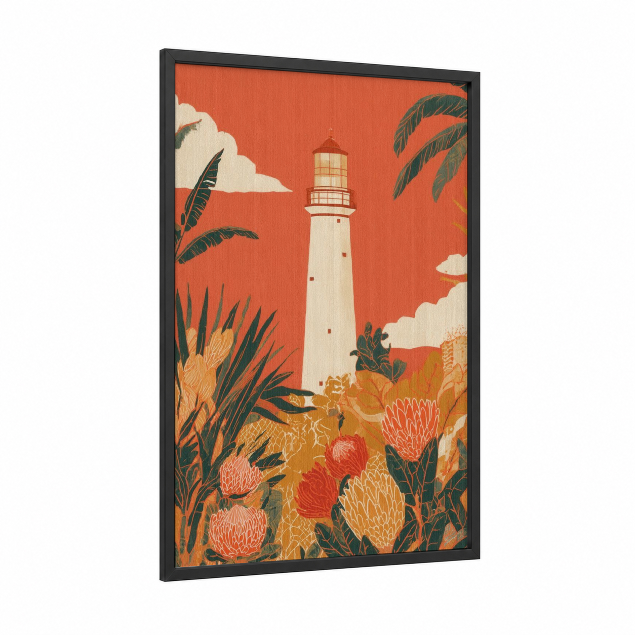 Tropical Lighthouse framed art print — black wood frame — orange and gold palette