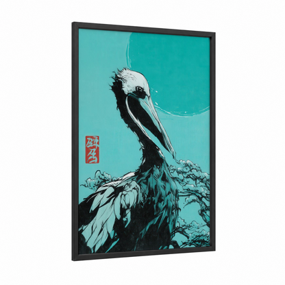 Turquoise Pelican framed art print — black wood frame — turquoise and black and white palette