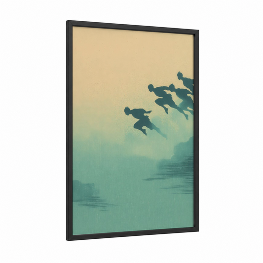 Cliff Jumpers framed track and field print — black wood frame — gold and teal palette